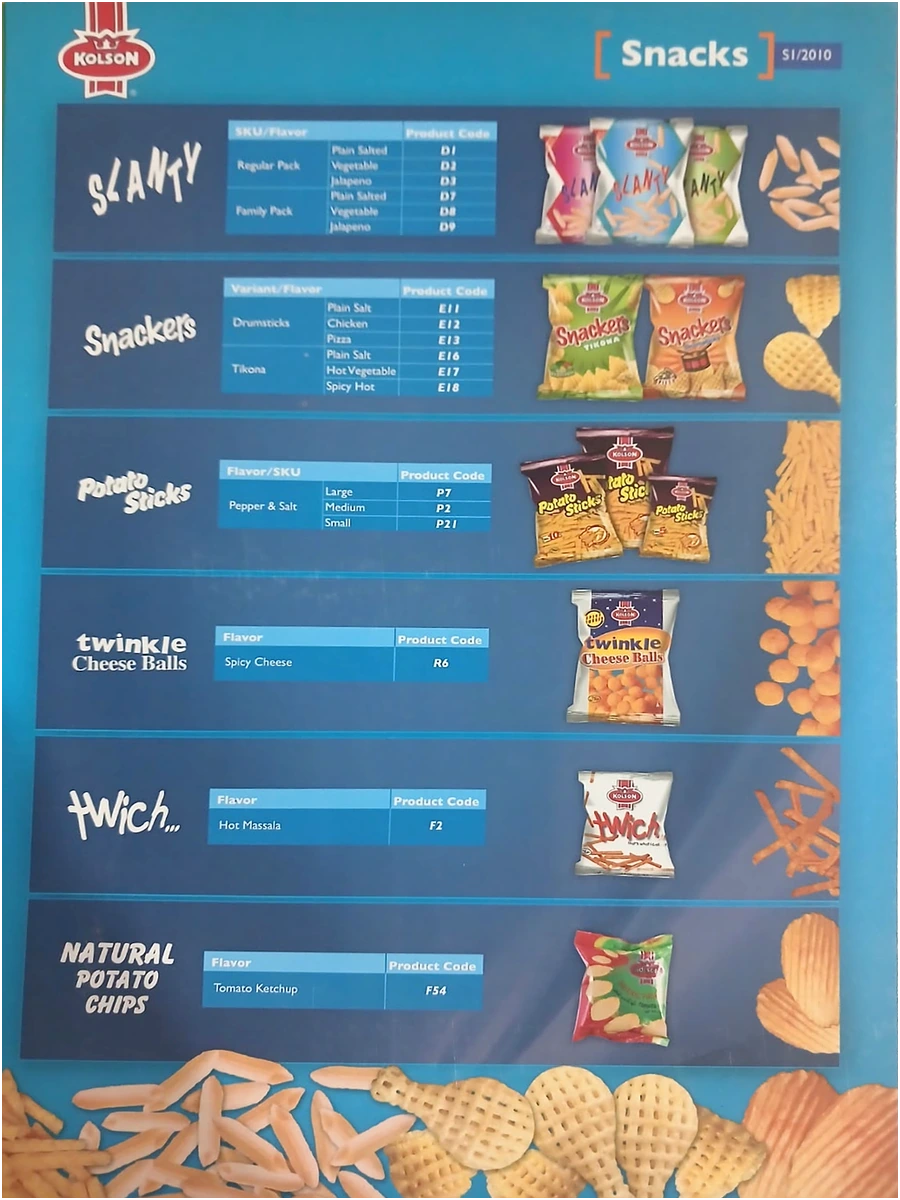 KOLSON: Product Guide folder with insert cards, snacks card