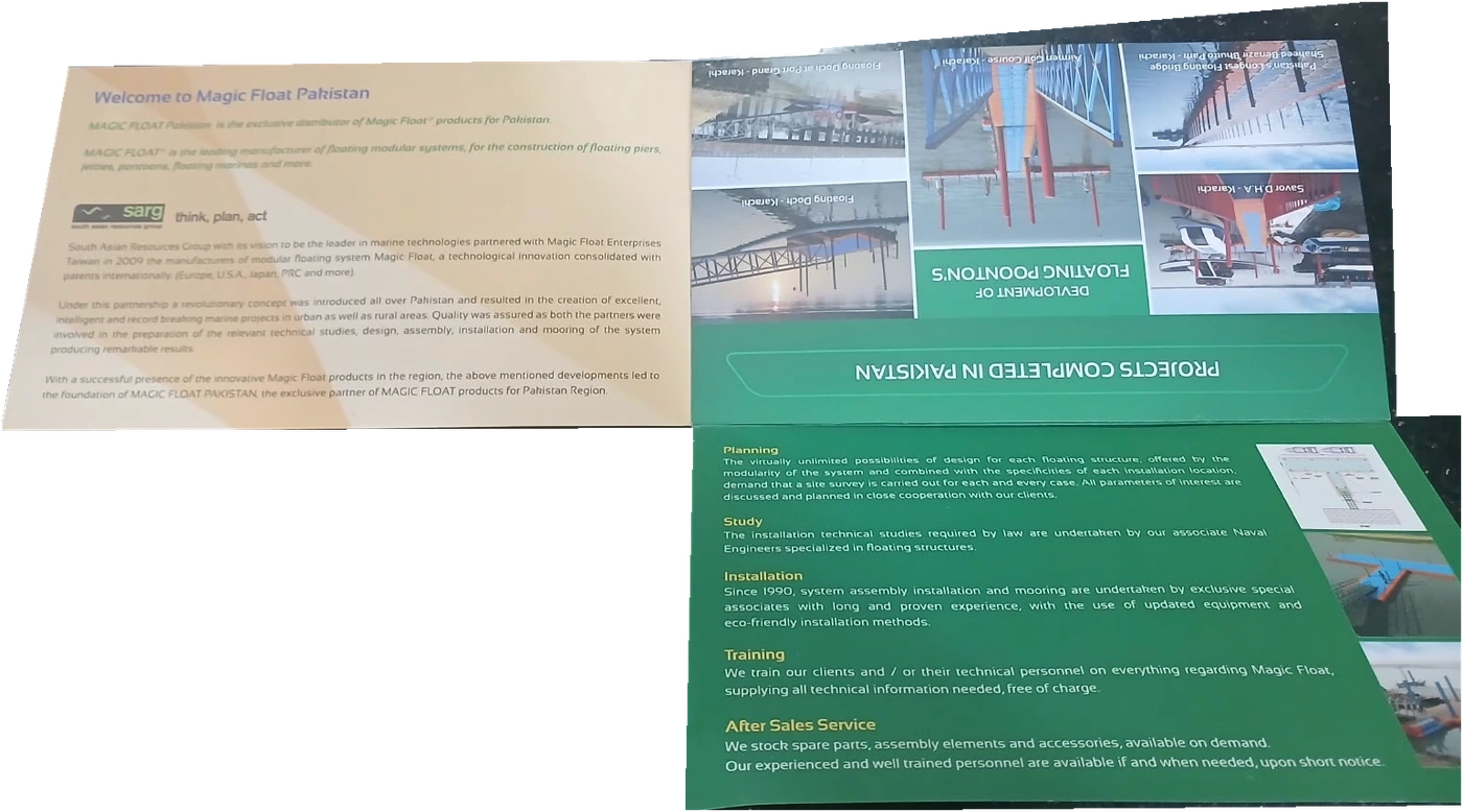 MAGIC-FLOAT / Magic Float Pakistan: Four-panel T-fold brochure, lower panel open