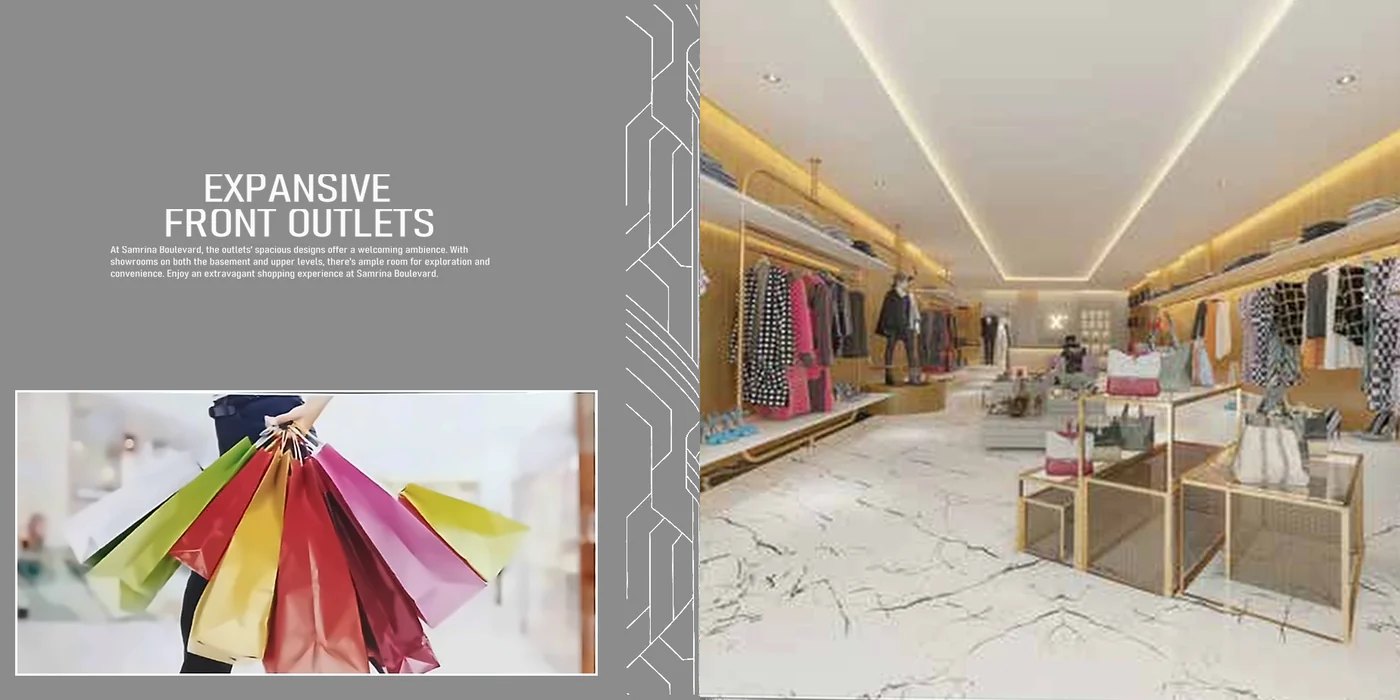 Samrina Builders: Square brochure, gold on the cover, expansive front outlets
