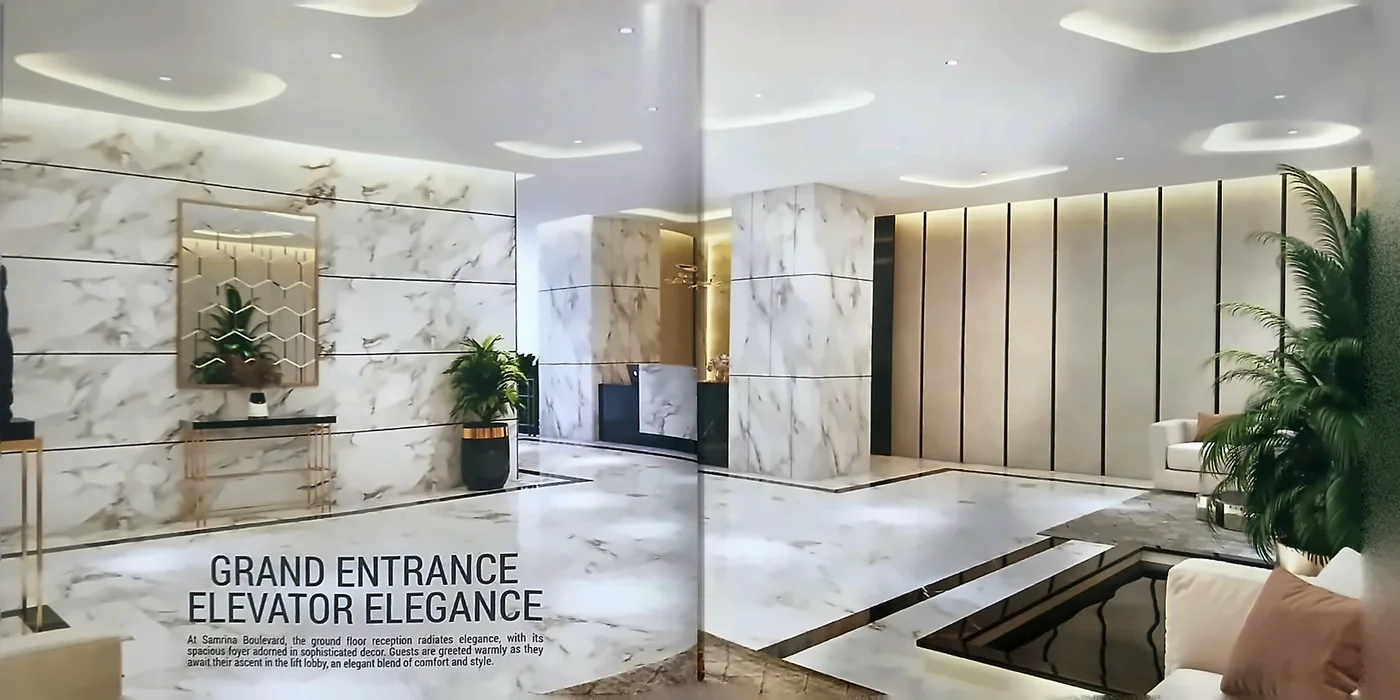 Samrina Builders: Square brochure, gold on the cover, grand entrance, elevator elegance