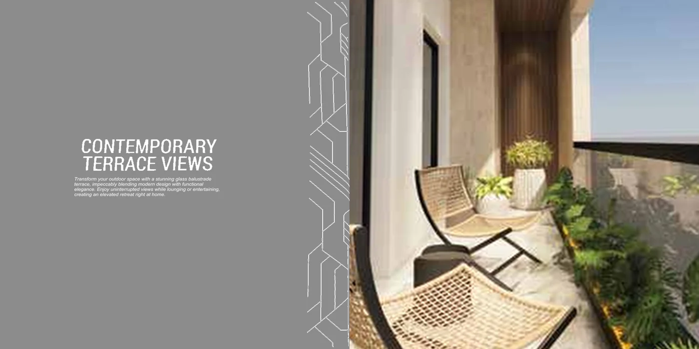 Samrina Builders: Square brochure, gold on the cover, contemporary terrace views