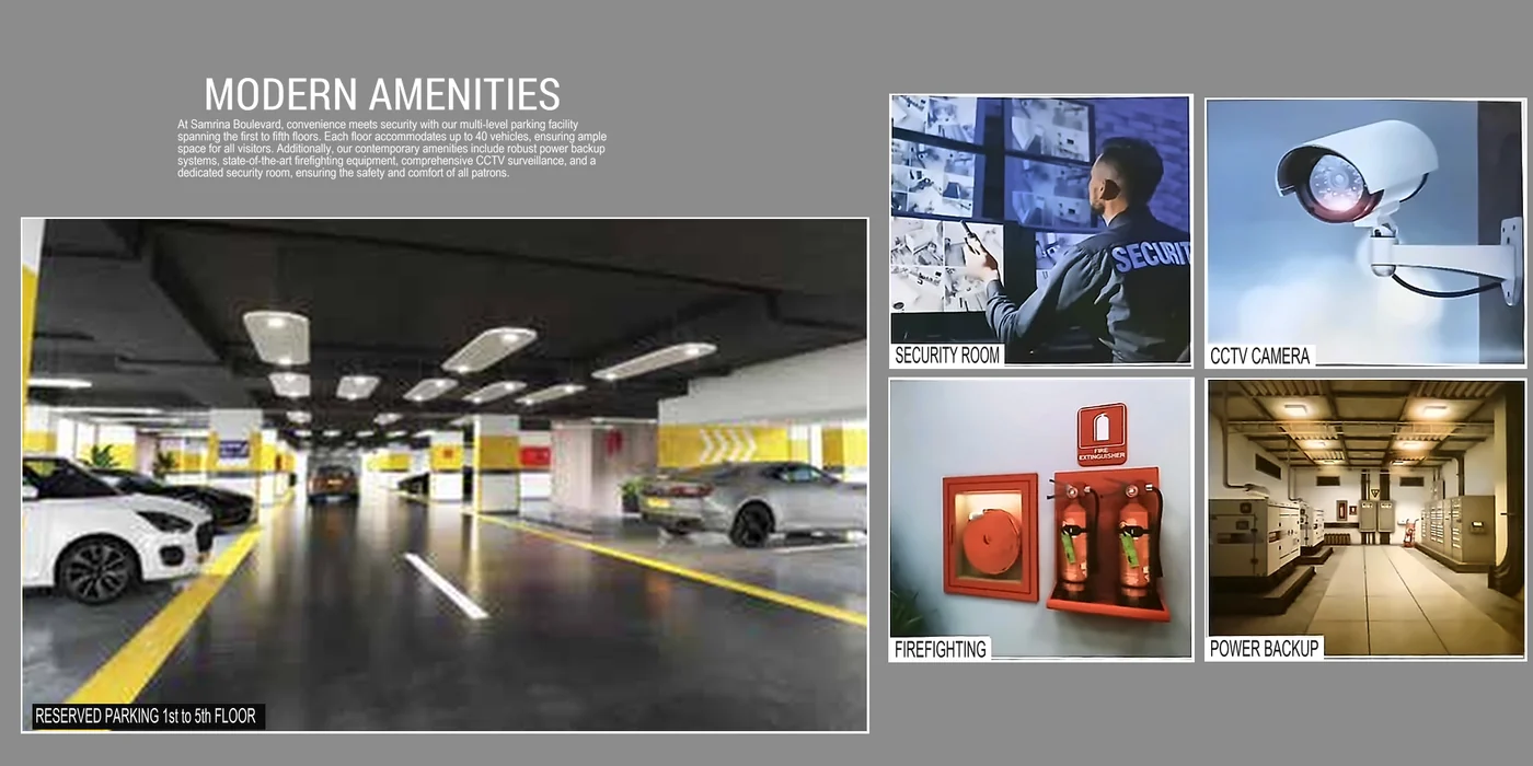 Samrina Builders: Square brochure, gold on the cover, modern amenities