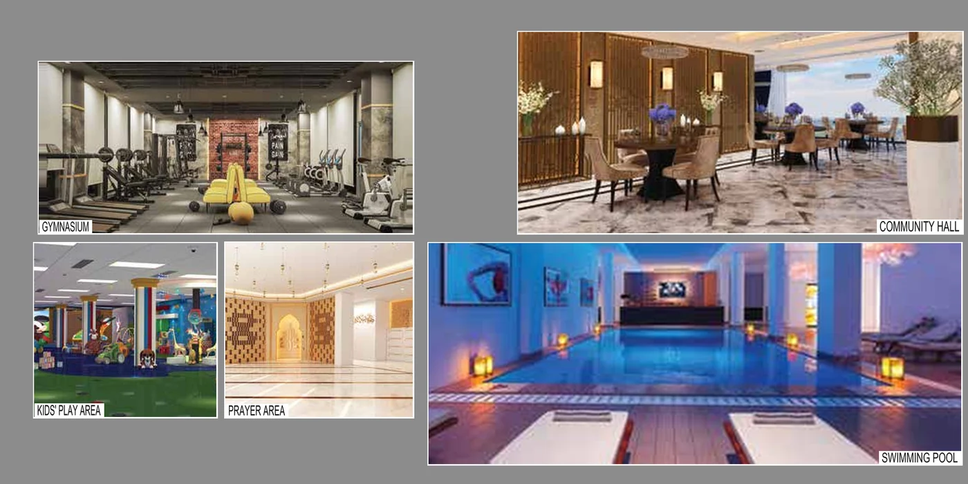 Samrina Builders: Square brochure, gold on the cover, gymnasium, play area, prayer area, hall and pool