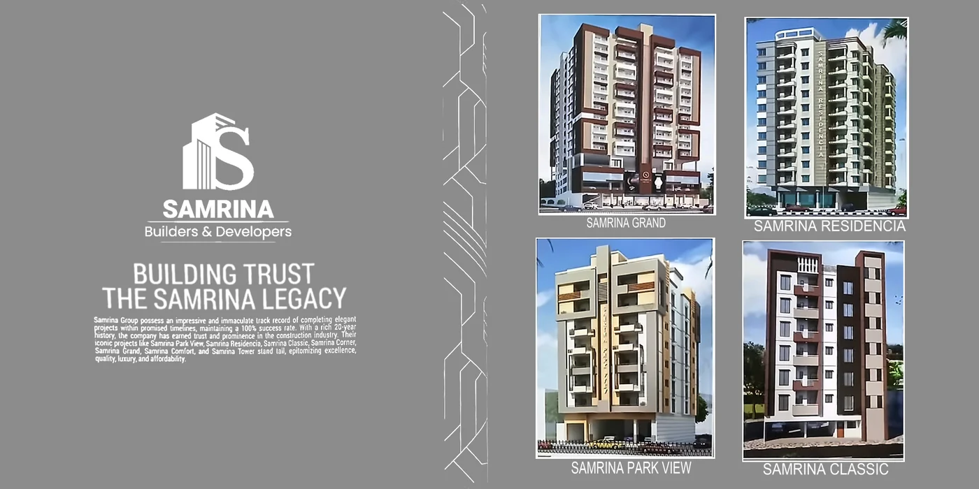 Samrina Builders: Square brochure, gold on the cover, building trust: the samrina legacy
